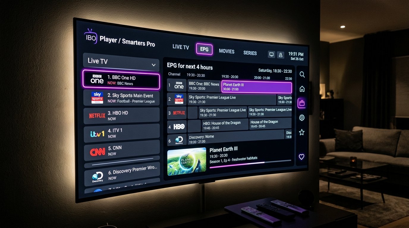 Interface IPTV Smarters Pro OTTRUN IBO Player sur Smart TV avec EPG